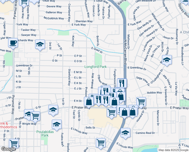 map of restaurants, bars, coffee shops, grocery stores, and more near 1420 Breaker Way in Sparks