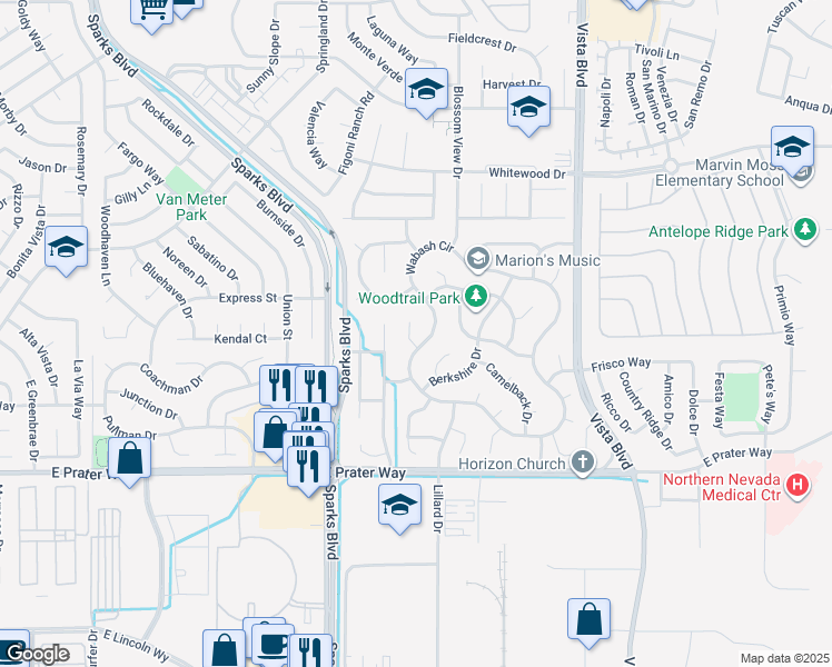 map of restaurants, bars, coffee shops, grocery stores, and more near 1630 Wabash Court in Sparks