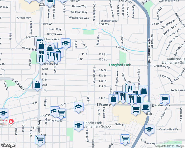 map of restaurants, bars, coffee shops, grocery stores, and more near 42 L Street in Sparks