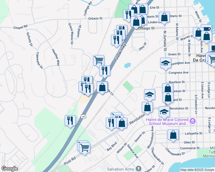 map of restaurants, bars, coffee shops, grocery stores, and more near 251 Lewis Lane in Havre de Grace