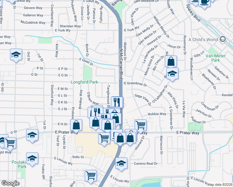 map of restaurants, bars, coffee shops, grocery stores, and more near 1400 Driftwood Court in Sparks