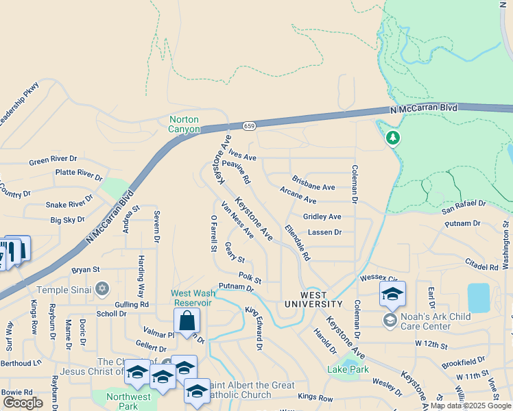 map of restaurants, bars, coffee shops, grocery stores, and more near 2578 Keystone Avenue in Reno