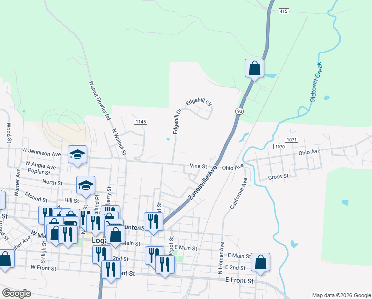 map of restaurants, bars, coffee shops, grocery stores, and more near 354 Belva Court in Logan