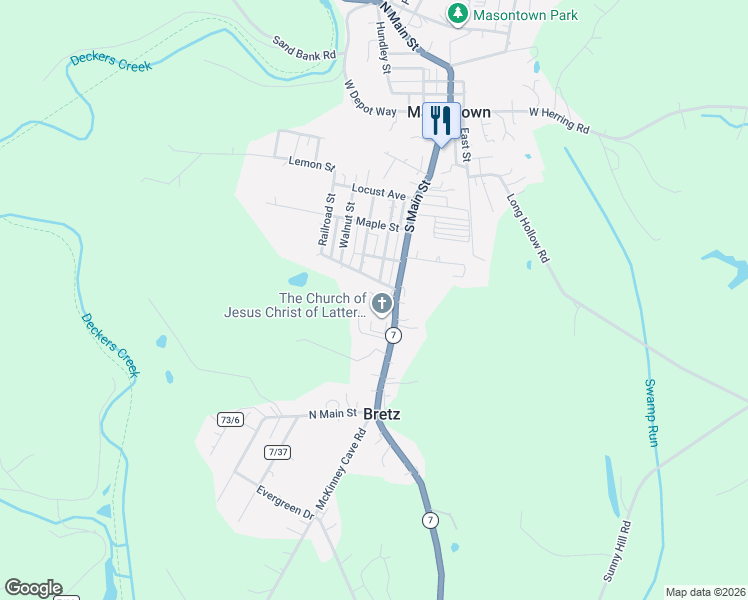map of restaurants, bars, coffee shops, grocery stores, and more near 10190 Veterans Memorial Highway in Masontown