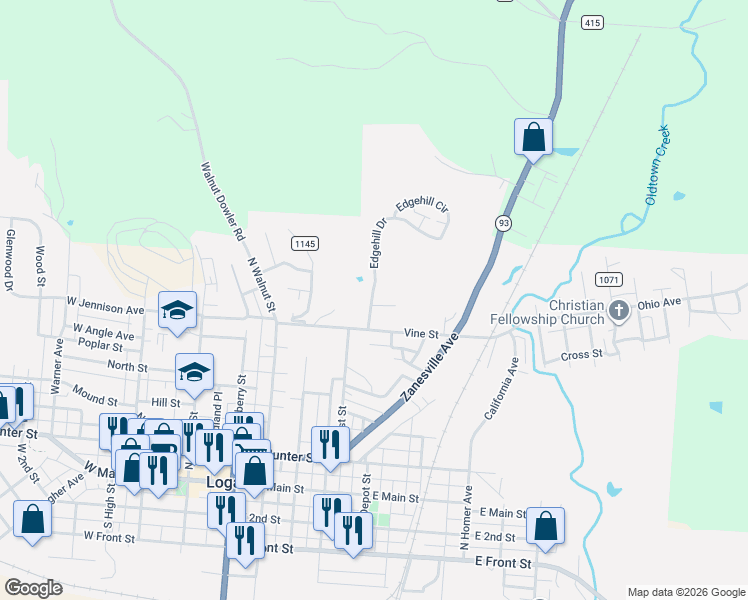 map of restaurants, bars, coffee shops, grocery stores, and more near 707 Edgehill Drive in Logan