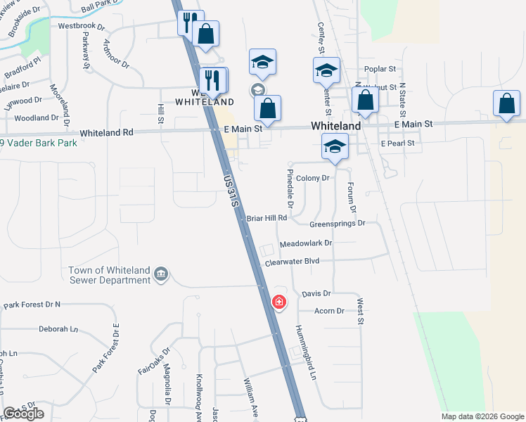 map of restaurants, bars, coffee shops, grocery stores, and more near 370 Briar Hill Drive in Whiteland