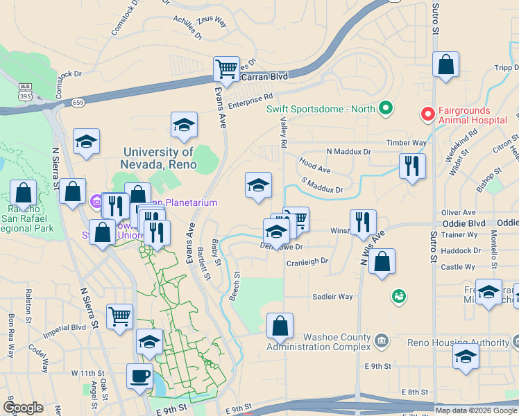 map of restaurants, bars, coffee shops, grocery stores, and more near 2001 Soaring Eagle Drive in Reno