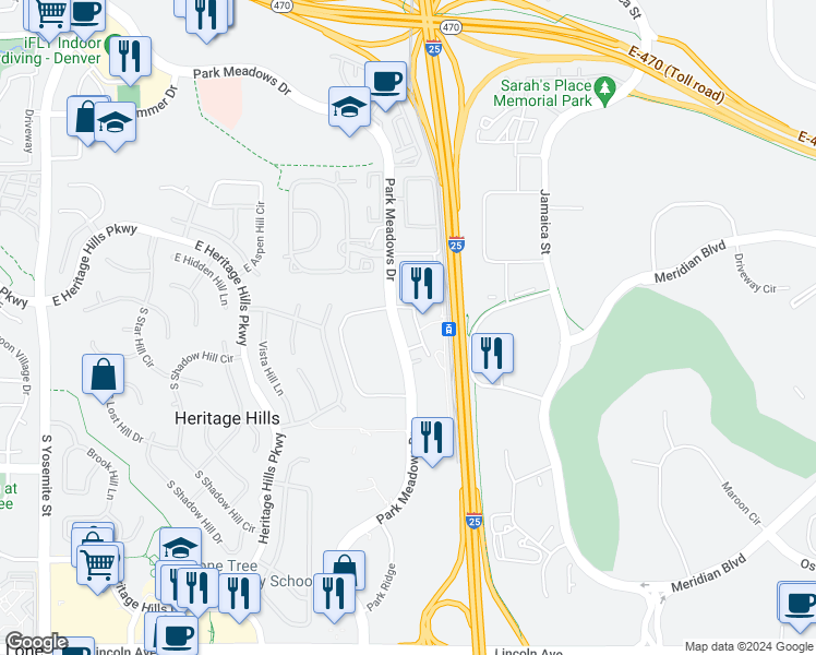 map of restaurants, bars, coffee shops, grocery stores, and more near 9365 Station Street in Lone Tree