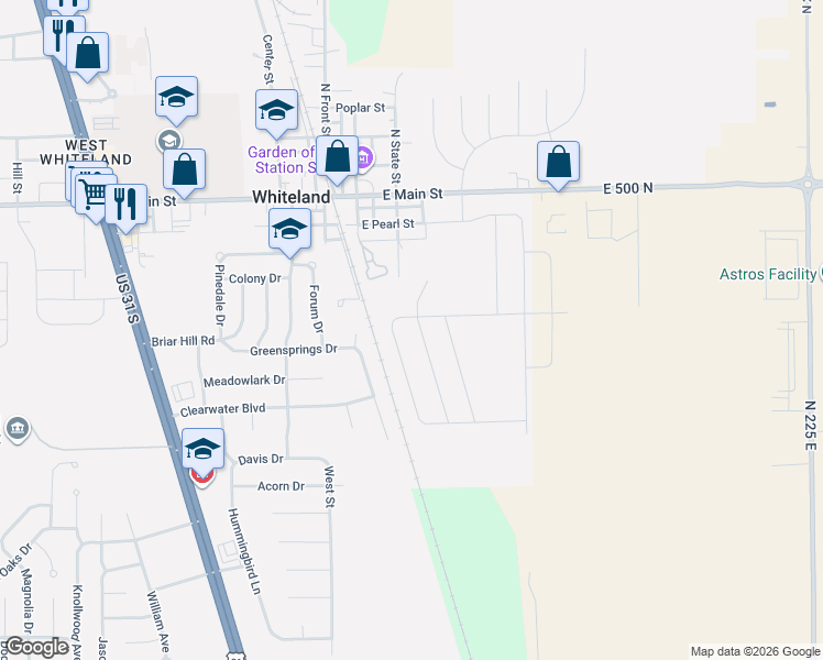 map of restaurants, bars, coffee shops, grocery stores, and more near 305 Cardinal Drive in Whiteland