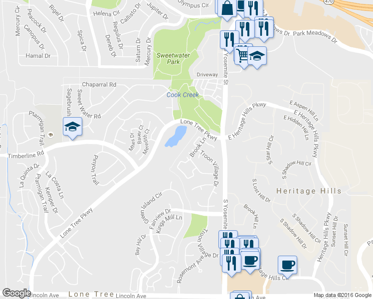 map of restaurants, bars, coffee shops, grocery stores, and more near 8669 Ainsdale Court in Lone Tree
