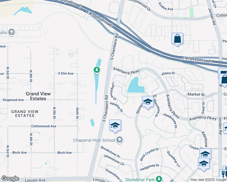 map of restaurants, bars, coffee shops, grocery stores, and more near 15679 Longford Court in Parker