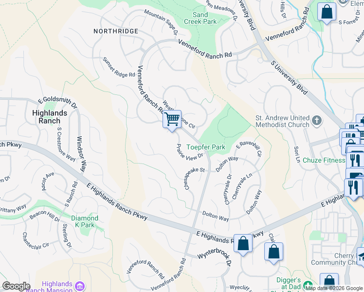 map of restaurants, bars, coffee shops, grocery stores, and more near 9376 Prairie View Drive in Littleton