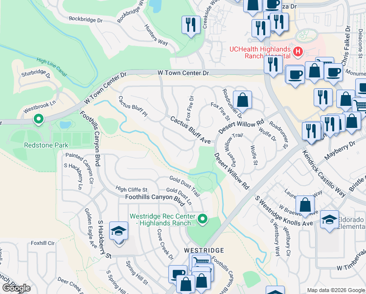 map of restaurants, bars, coffee shops, grocery stores, and more near 2263 West Indian Paintbrush Circle in Littleton