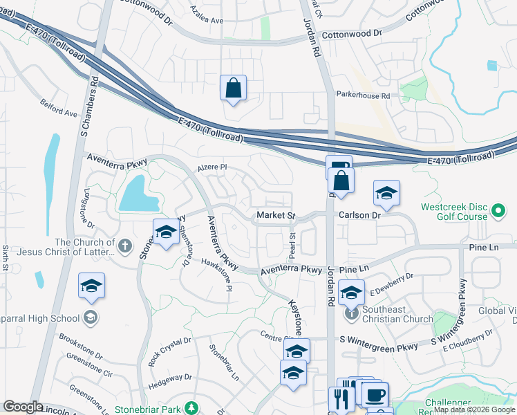 map of restaurants, bars, coffee shops, grocery stores, and more near 16600 Las Ramblas Lane in Parker