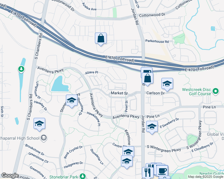 map of restaurants, bars, coffee shops, grocery stores, and more near 16600 Las Ramblas Lane in Parker