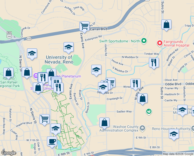 map of restaurants, bars, coffee shops, grocery stores, and more near 2001 Soaring Eagle Drive in Reno