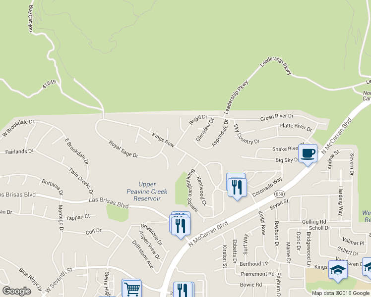 map of restaurants, bars, coffee shops, grocery stores, and more near 3945 Kings Row in Reno