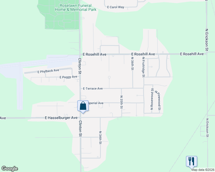 map of restaurants, bars, coffee shops, grocery stores, and more near 3366-3398 East Terrace Avenue in North Terre Haute