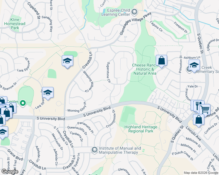 map of restaurants, bars, coffee shops, grocery stores, and more near 9331 Chambray Lane in Littleton
