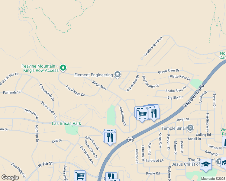 map of restaurants, bars, coffee shops, grocery stores, and more near 3945 Kings Row in Reno