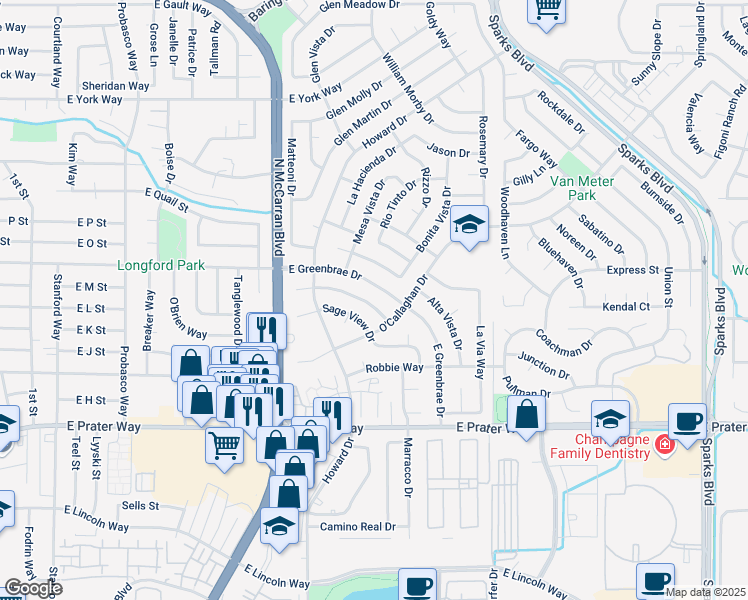 map of restaurants, bars, coffee shops, grocery stores, and more near 961 Desert View Drive in Sparks