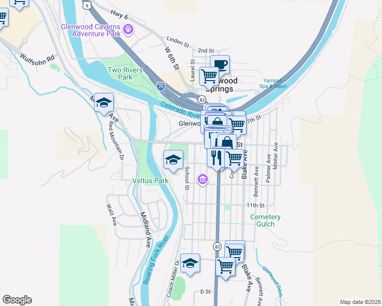 map of restaurants, bars, coffee shops, grocery stores, and more near in Glenwood Springs