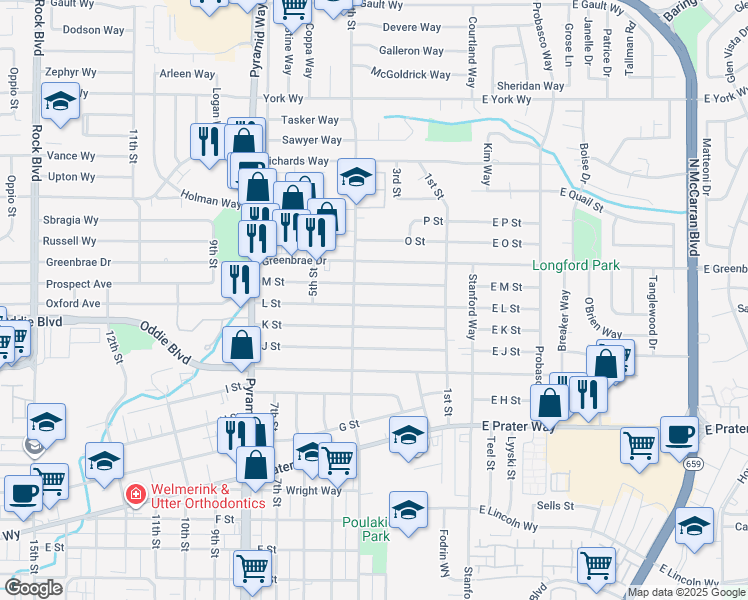 map of restaurants, bars, coffee shops, grocery stores, and more near 1406 4th Street in Sparks