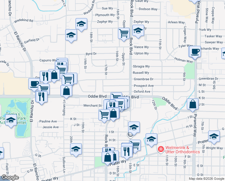 map of restaurants, bars, coffee shops, grocery stores, and more near 1634 Oxford Avenue in Sparks