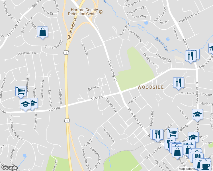 map of restaurants, bars, coffee shops, grocery stores, and more near 818 Bridle Path in Bel Air