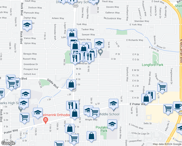map of restaurants, bars, coffee shops, grocery stores, and more near 450 L Street in Sparks