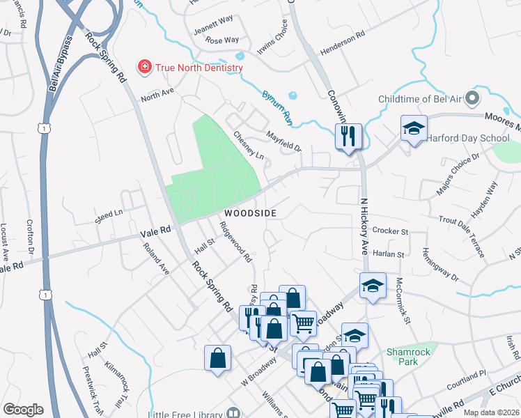map of restaurants, bars, coffee shops, grocery stores, and more near 715 Woodsyde Circle in Bel Air