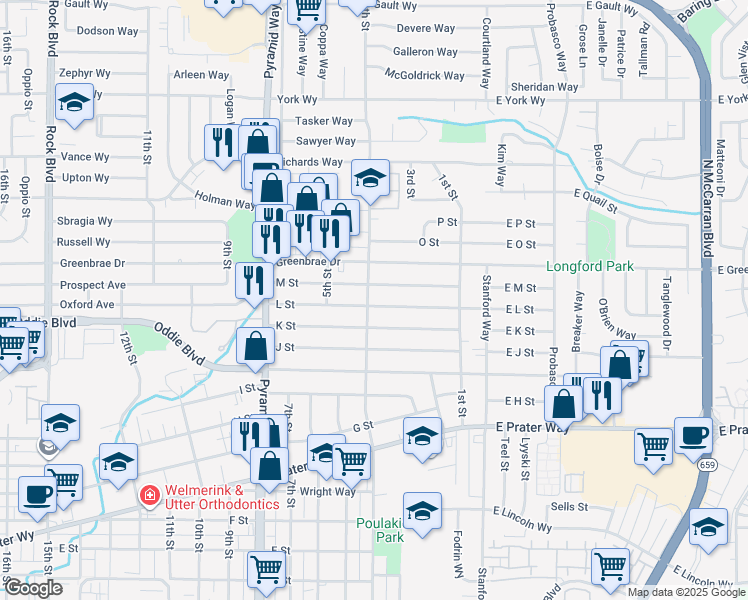 map of restaurants, bars, coffee shops, grocery stores, and more near 1406 4th Street in Sparks