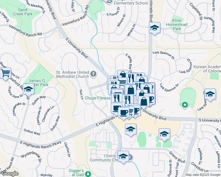 map of restaurants, bars, coffee shops, grocery stores, and more near 3482 Cascina Place in Littleton