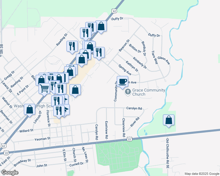 map of restaurants, bars, coffee shops, grocery stores, and more near 194 Summit Lane in Washington Court House