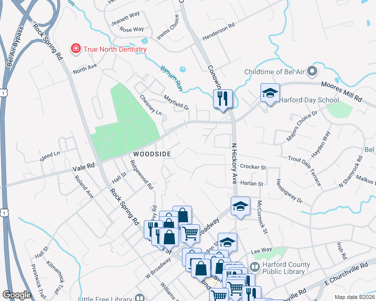 map of restaurants, bars, coffee shops, grocery stores, and more near 117 Donzen Drive in Bel Air