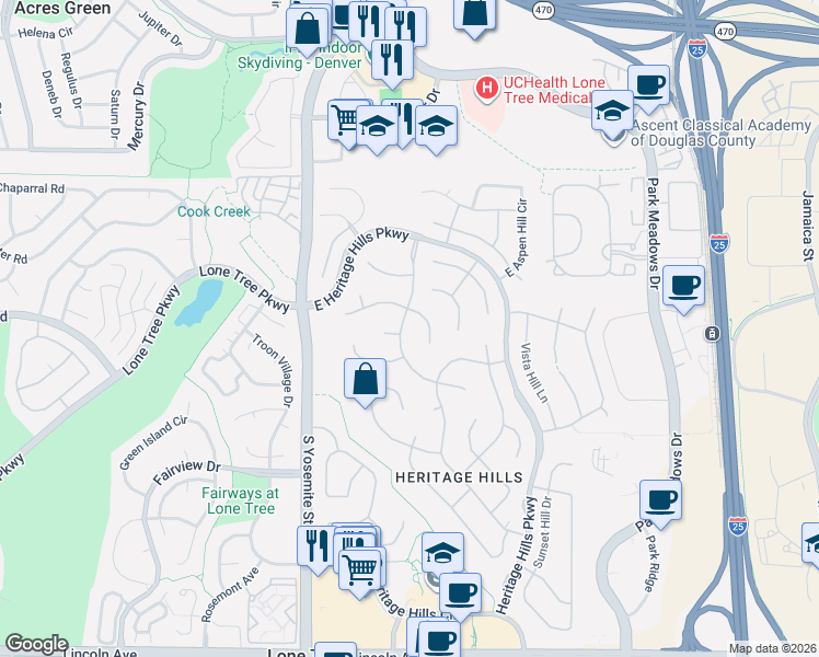 map of restaurants, bars, coffee shops, grocery stores, and more near 9338 South Star Hill Circle in Lone Tree