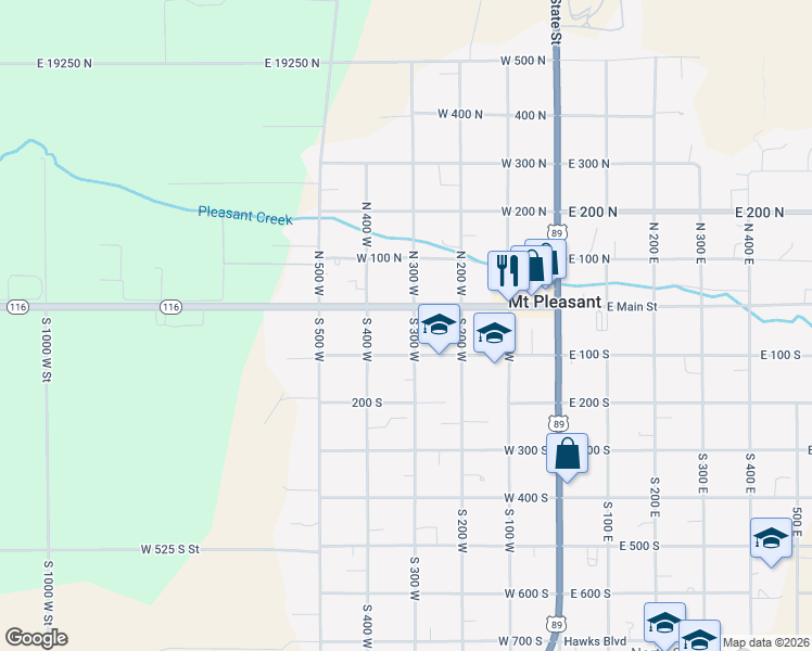 map of restaurants, bars, coffee shops, grocery stores, and more near 40 South 300 West in Mount Pleasant