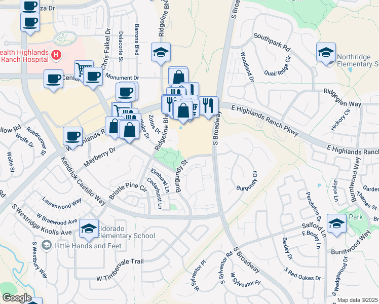 map of restaurants, bars, coffee shops, grocery stores, and more near 9297 South Broadway in Littleton