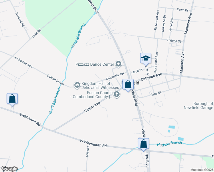map of restaurants, bars, coffee shops, grocery stores, and more near 15 Oakland Avenue in Newfield