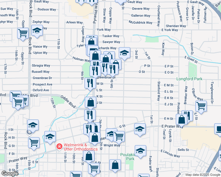 map of restaurants, bars, coffee shops, grocery stores, and more near 450 L Street in Sparks
