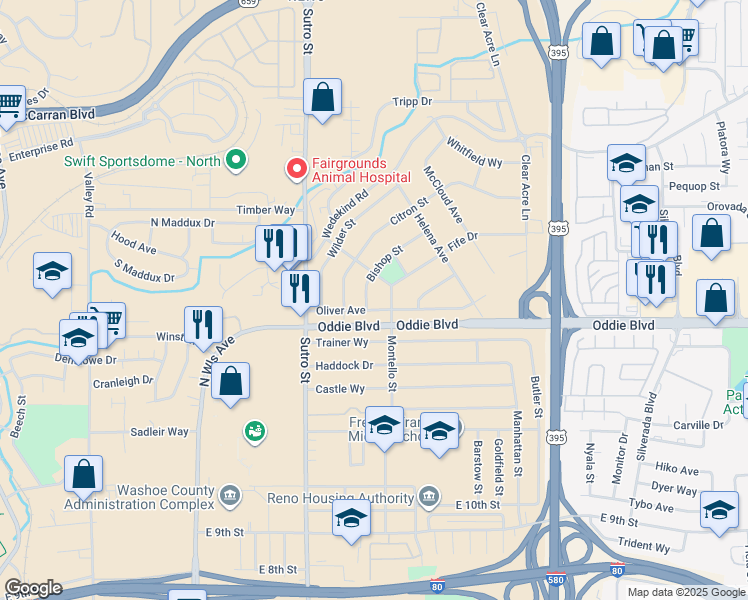 map of restaurants, bars, coffee shops, grocery stores, and more near 1019 Bishop Street in Reno