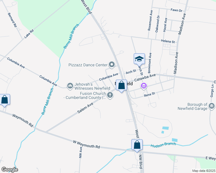 map of restaurants, bars, coffee shops, grocery stores, and more near 110 Salem Avenue in Newfield