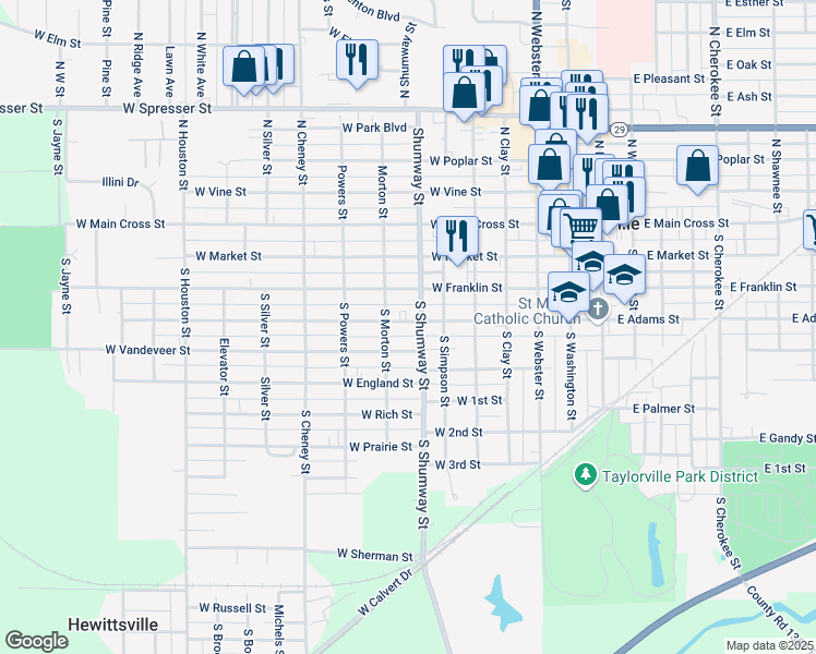 map of restaurants, bars, coffee shops, grocery stores, and more near 706 West Adams Street in Taylorville