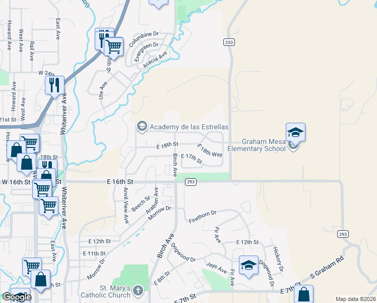 map of restaurants, bars, coffee shops, grocery stores, and more near 1102 E 17th St in Rifle
