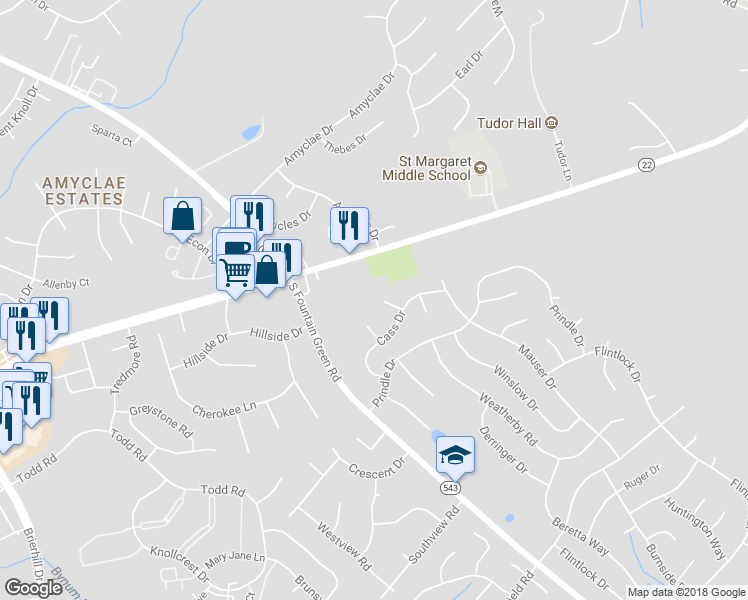 map of restaurants, bars, coffee shops, grocery stores, and more near 1630 Cass Dr in Bel Air
