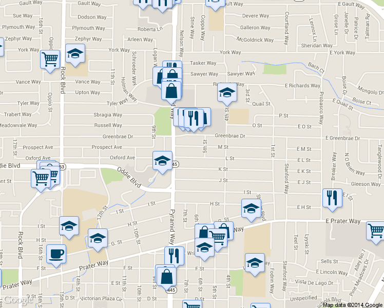 map of restaurants, bars, coffee shops, grocery stores, and more near 630 L St in Sparks