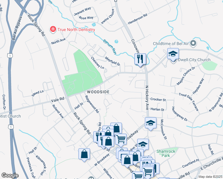map of restaurants, bars, coffee shops, grocery stores, and more near 108 Seevue Court in Bel Air