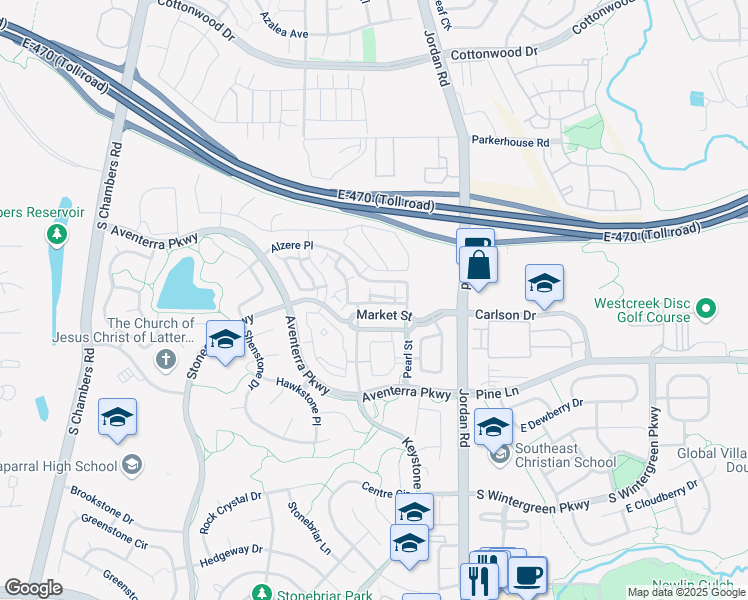 map of restaurants, bars, coffee shops, grocery stores, and more near 16600 Las Ramblas Lane in Parker
