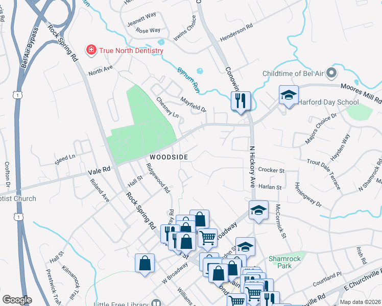 map of restaurants, bars, coffee shops, grocery stores, and more near 108 Seevue Court in Bel Air