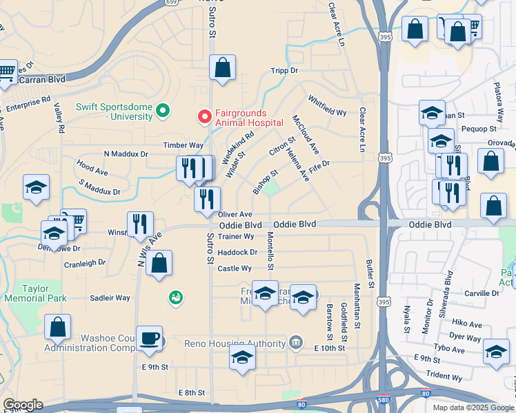 map of restaurants, bars, coffee shops, grocery stores, and more near 1019 Bishop Street in Reno